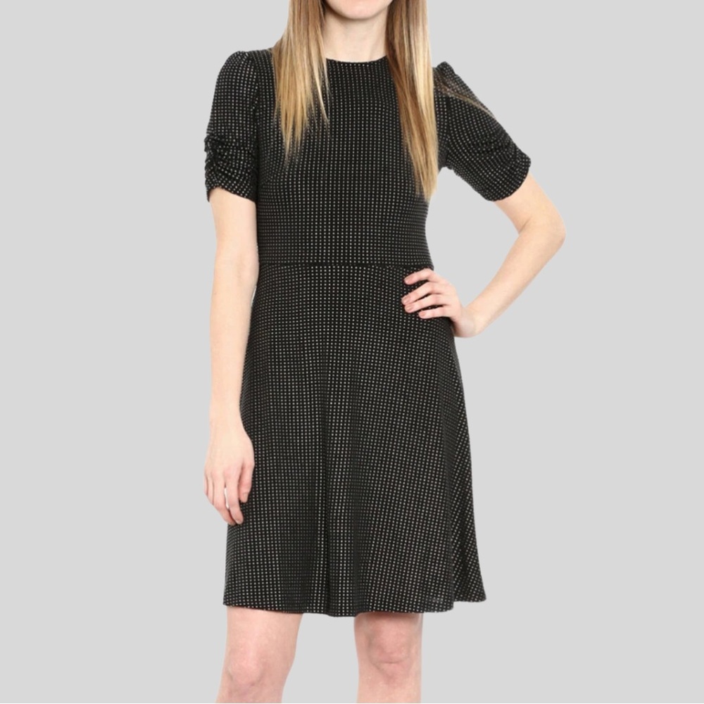 NWOT Michael Kors Womens Black Metallic Dot Ruched Sleeve Above Knee Short Dress